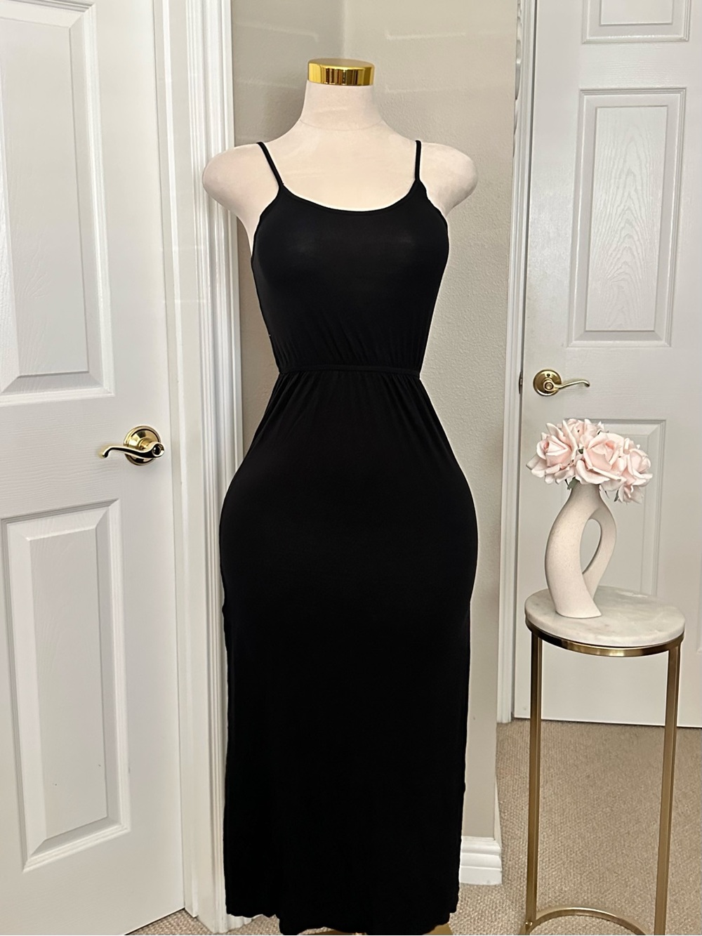 H&M Black Spaghetti-Strap Maxi Dress w/ Side Slits & Elastic Waist Sz XS